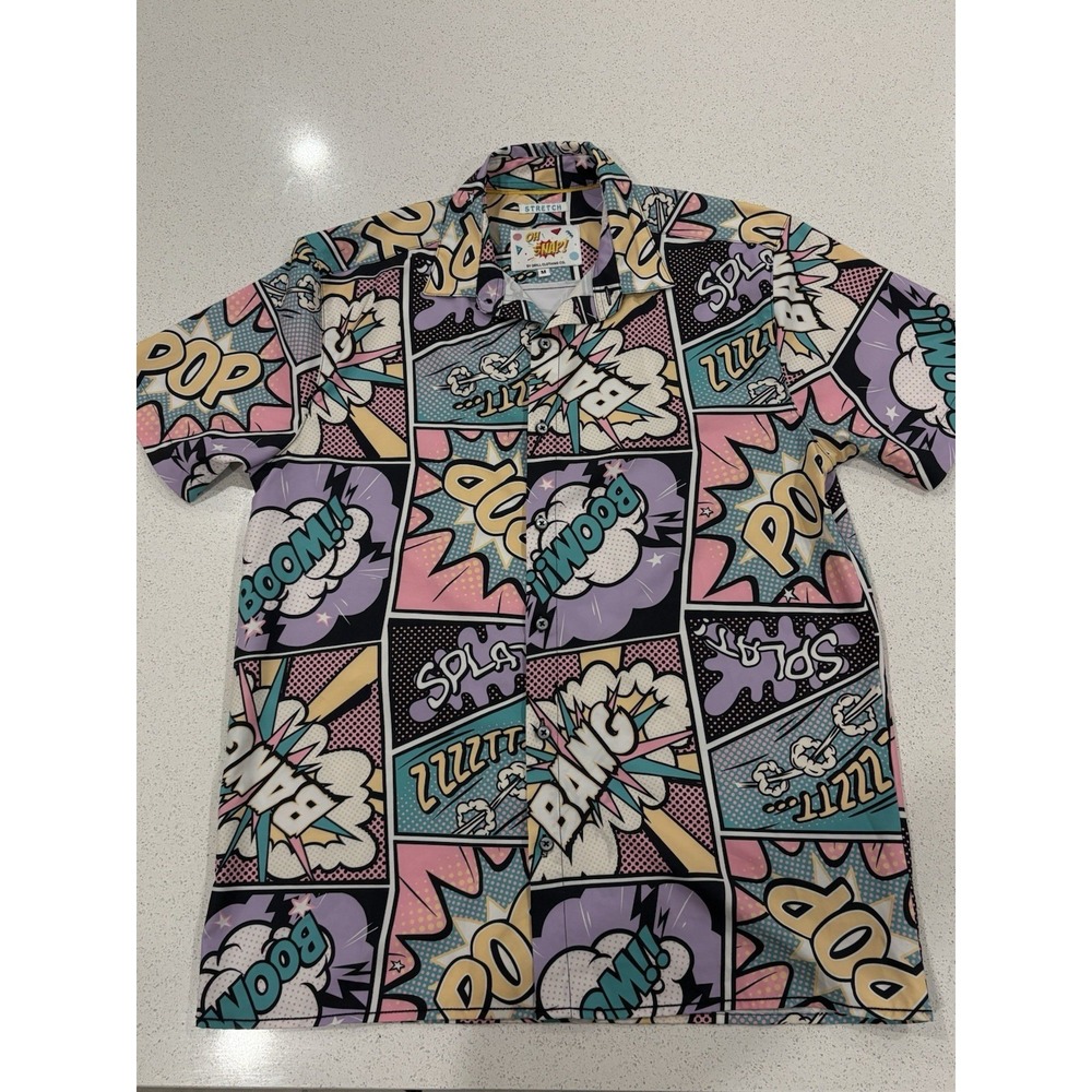 Oh Snap by Drill Shirt Mens Medium Pink Purple Stretch Comic Art Short Sleeve